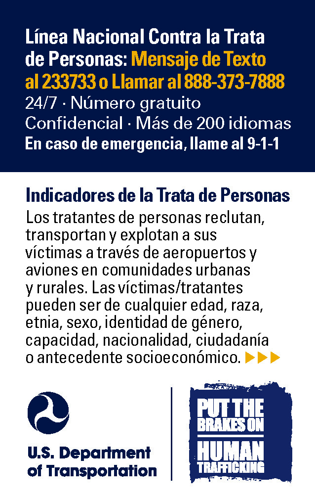 DOT Human Trafficking Pocket Card - 3.375x2.125 Spanish