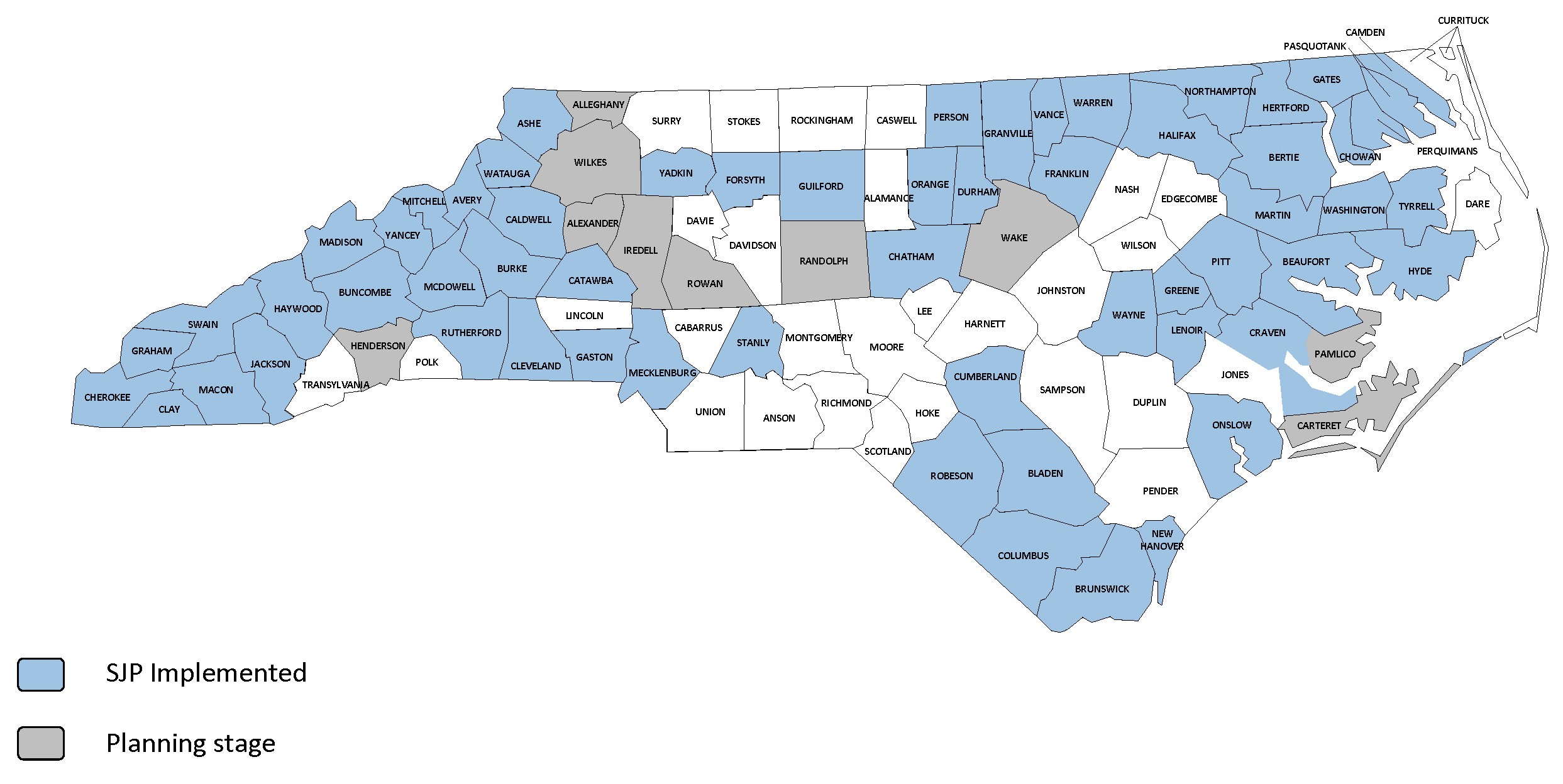 SJP map of counties implemented or planning